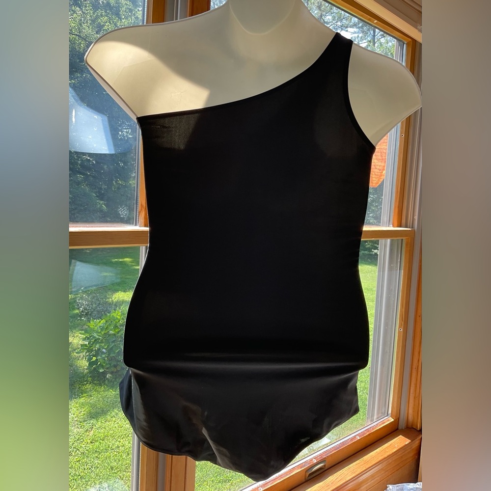 Black One Piece Bathing Suit Peek-a-Boo Mesh inserts One Crossbody Strap NWOT - Picture 2 of 11